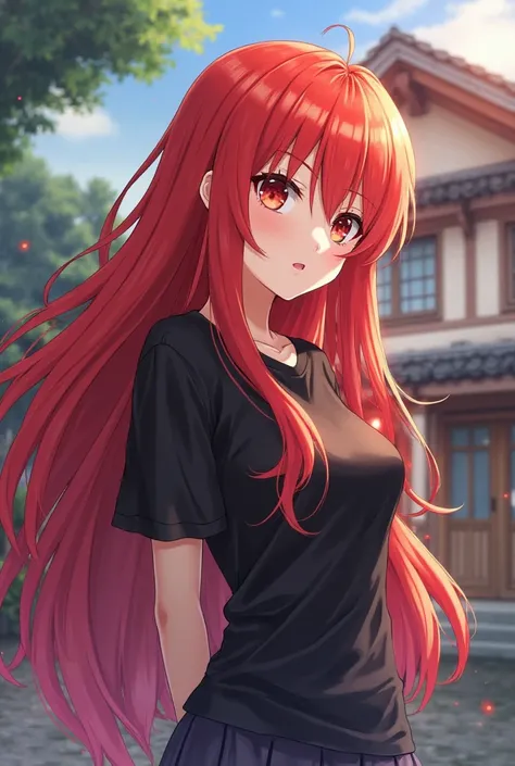 anime girl with red hair and black top standing in front of a house, an anime drawing inspired by Shi Rui, trending on pixiv, shin hanga, she has red hair, anime visual of a cute girl, ryuu, with red hair, an anime girl, glowing crimson head, anime girl wi...