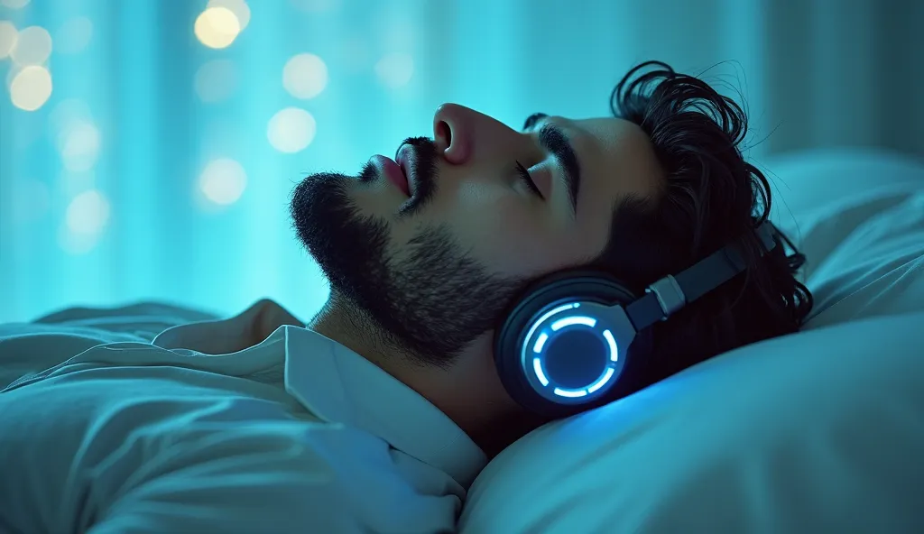 Very handsome young Islamic man sleeping leaning back , using luminous headphones, bokeh, stunningly , Amazing, bluish glowing background, 