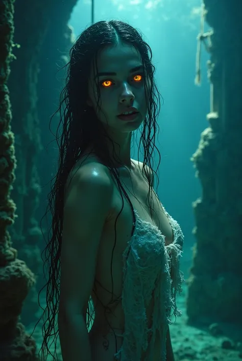 In the depths of an ancient, forgotten city, submerged beneath the waves, resides The Sunken Temptress. Her skin, pale and glistening, reflects the eerie glow of bioluminescent coral, a haunting contrast to the dark abyss around her. Her long, wet hair flo...