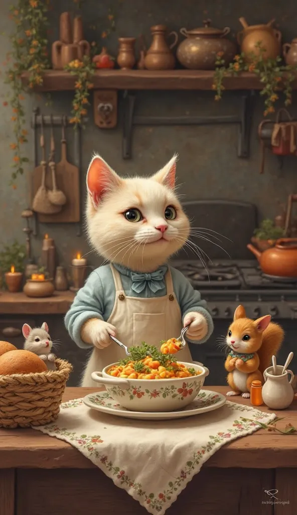 The Cooking Cat, A lovely cooking cat, with soft fur in soft tones and bright eyes, now wearing a clean apron and a little blue bow around her neck, prepares the meal, decorated with sprigs of fresh parsley and served in a hand-painted ceramic dish. Little...