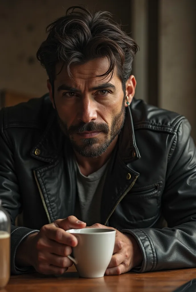 El aroma del café recién hecho impregnaba la cocina mientras  Mario se apoyaba en la encimera, holding his cup with both hands. The dark leather jacket he wore daily rested on his shoulders, partially covering his worn gray shirt. His boots, old but resist...