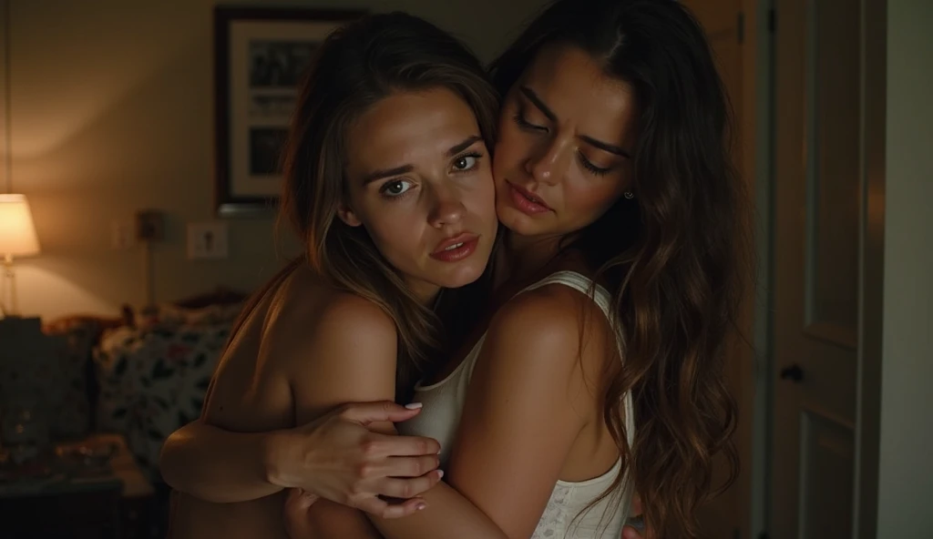 Create an emotional and intimate scene featuring two young women in a dimly lit apartment. The brunette, Sienna, has tears in her eyes and is holding the other woman tightly, her expression raw with love and regret. The lighter-haired woman is hesitant but...