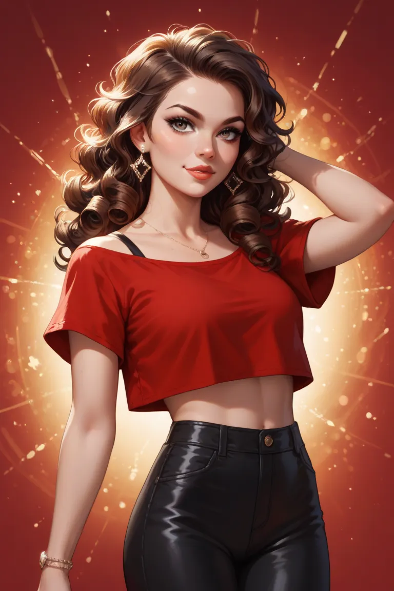 Curls brown hair female red top with a fox black pants 