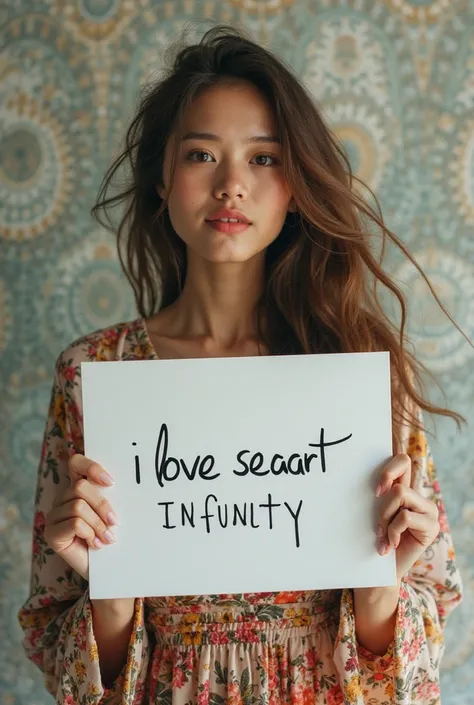 Beautiful girl with long wavy hair, bohemian dress, holding a white board with text " I Love Seaart Infinity " y showing it to the spectator