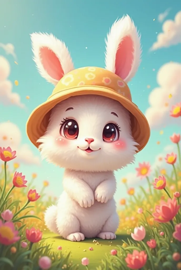 A cartoon character who is a little white bunny wearing a bucket hat with a happy expression