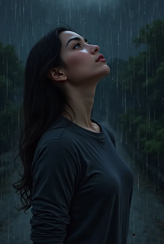 	Salma tilting her head back, eyes open – She watches the raindrops fall from the sky.
 At night in a rainy day wearing long sleeve T-shirt.