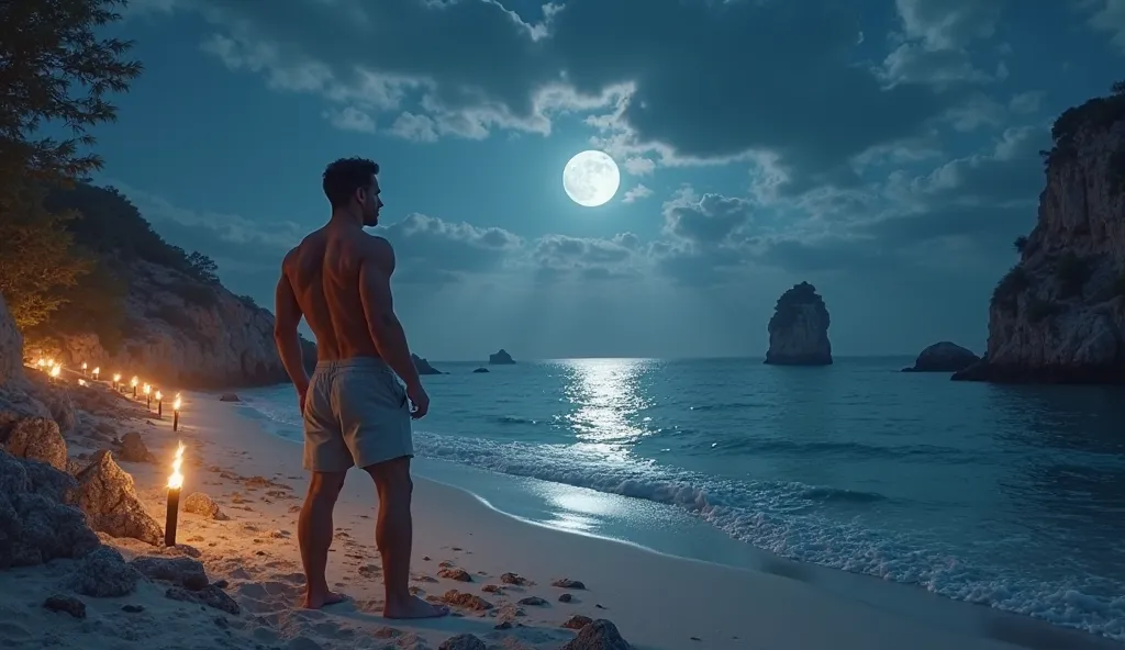 I draw a stunning view of a beach, Lual environment, torches burning , in the background the view of the sea with a reflecting moon and its symbols, Night with moonlight,  An elegant man, shorts looking at the landscape. With lights in yellow at night envi...