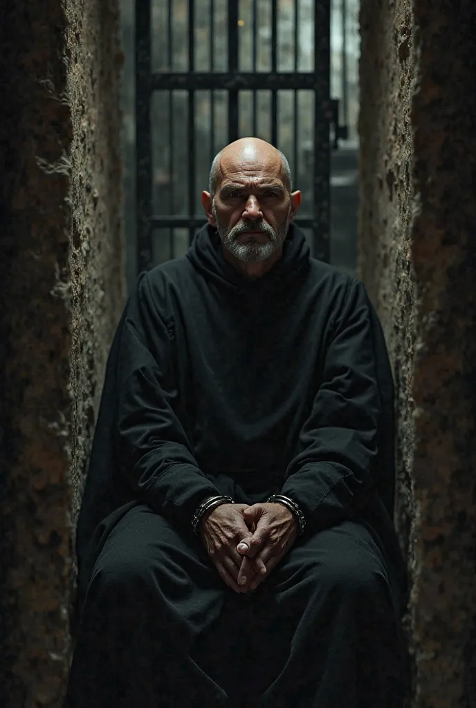 A dark cell and that the door is barred and that the cell has a 17th century style inside the cell, a bald, 40-year-old monk shackled by his hands. 