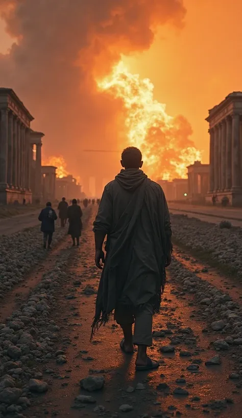 With one last look over his shoulder, the main character sees the remains of Pompeii swallowed by smoke and fire. His breath is ragged, his clothes torn and covered in ash. The road ahead is uncertain—an empty landscape coated in volcanic dust, stretching ...