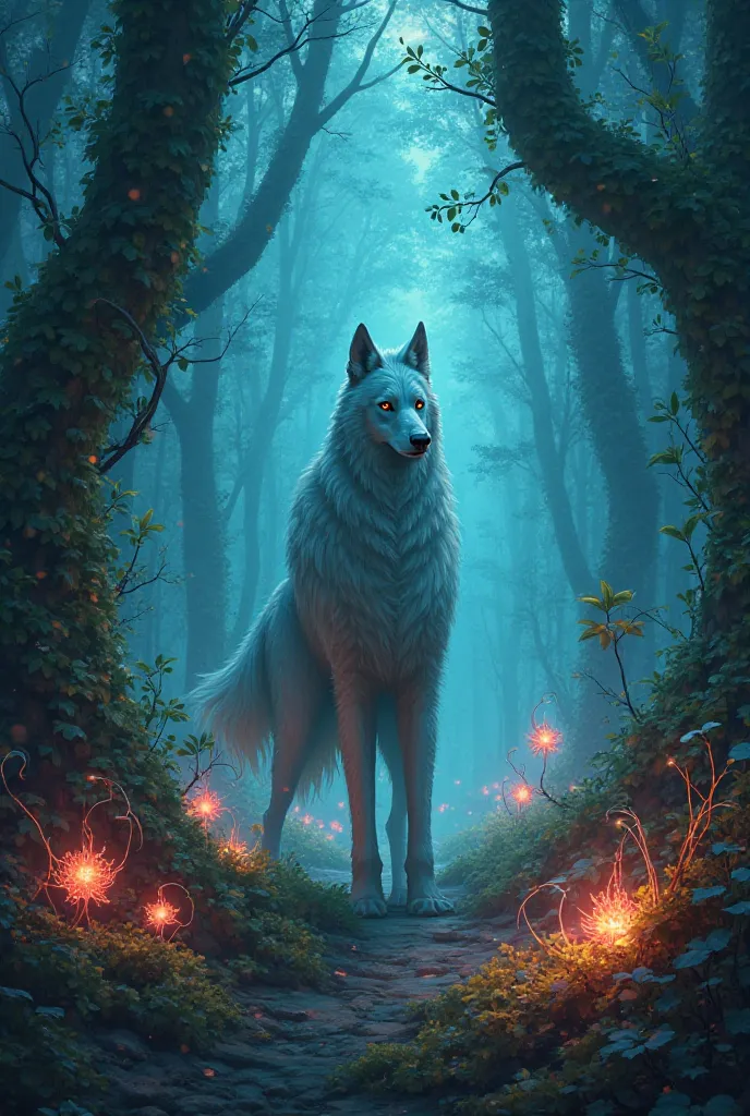 A serene depiction of Wulf within an Enchanted Forest, surrounded by Mystical Creatures and illuminated by Bioluminescent Flora, glowing softly in shades of blue and red