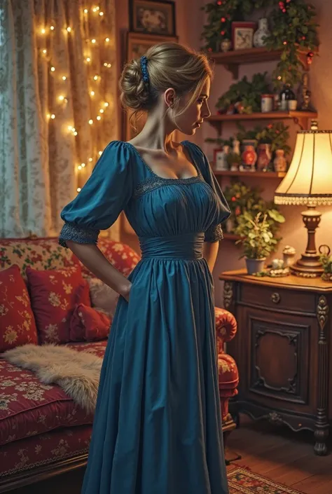 Woman nearly 35 years in 19 century in living room in blue dress in the full decorated home for new year , and she’s hiding a shopping box behind her back, and her husband who only cares about their budget and hopes she didn’t spend all their money on the ...