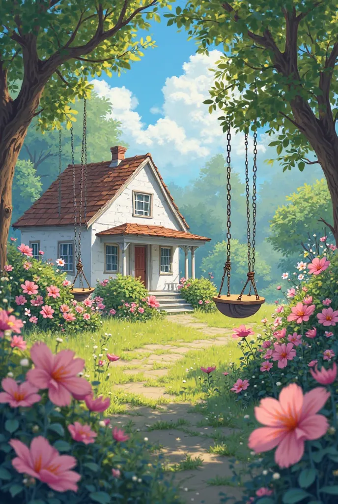 a dreamland about a garden full of flowers and simple house with swings 