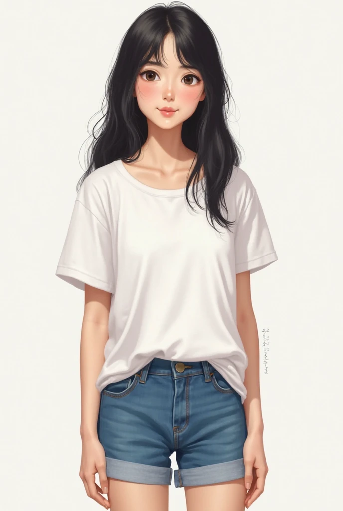 She's at home, white background, Black hair she is white white shirt and denim shorts, She's not ugly,  but not so beautiful , And he's ,  doesn't wear makeup 