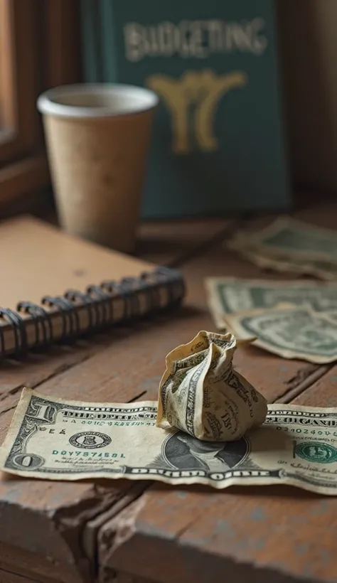 A single crumpled $1 bill on a worn wooden table next to a cheap coffee cup.  
**Details**: Add a "Budgeting 101" notebook in the background for storytelling.  
