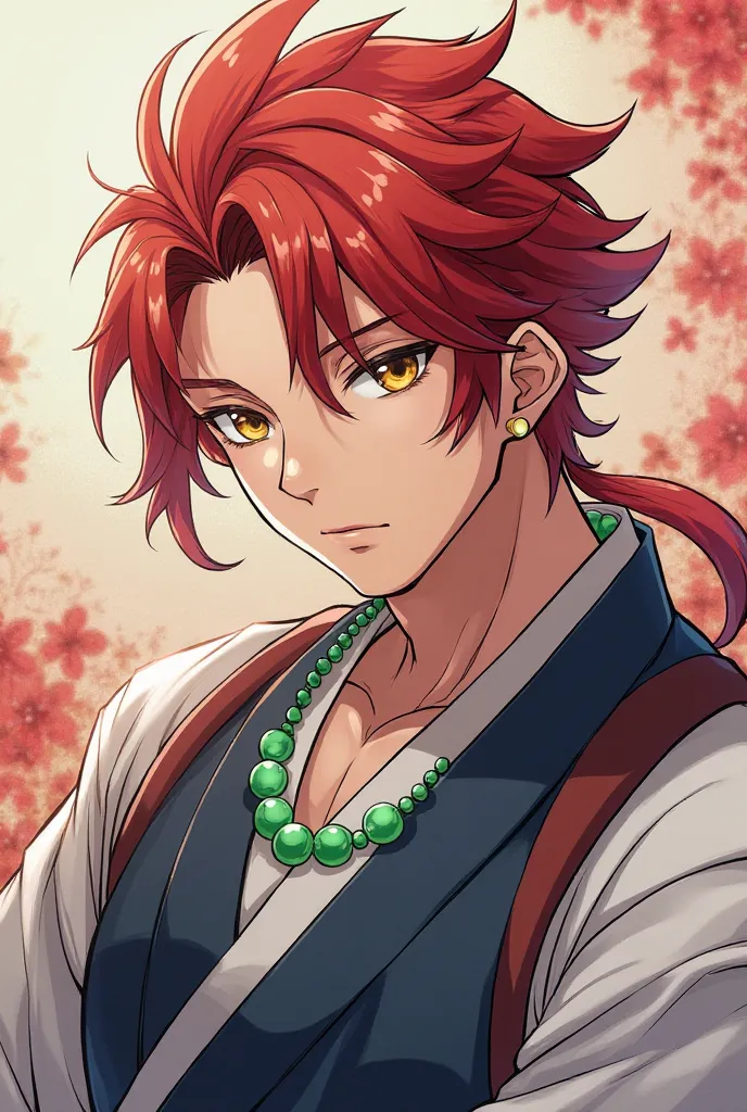 Create an image of an anime-style man similar to the Tensen, by Jigokuraku, and the red hair is shaped like the Rosa Odorata flower, wearing a navy blue and white Hanfu, with a green pearl necklace and the eyes are golden