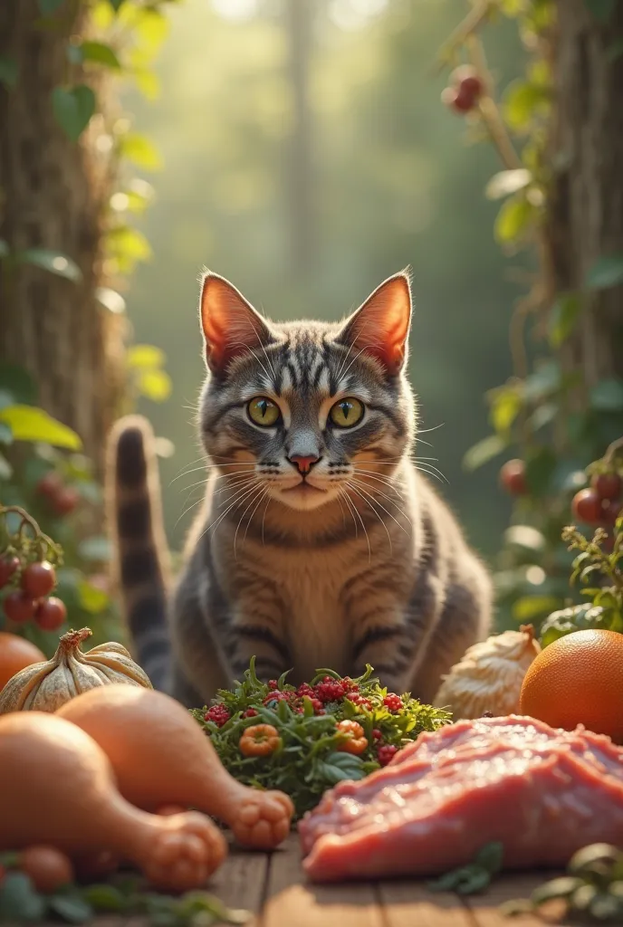 From the previous image , shows the cat eating natural food and that there is natural food such as chicken, meat around