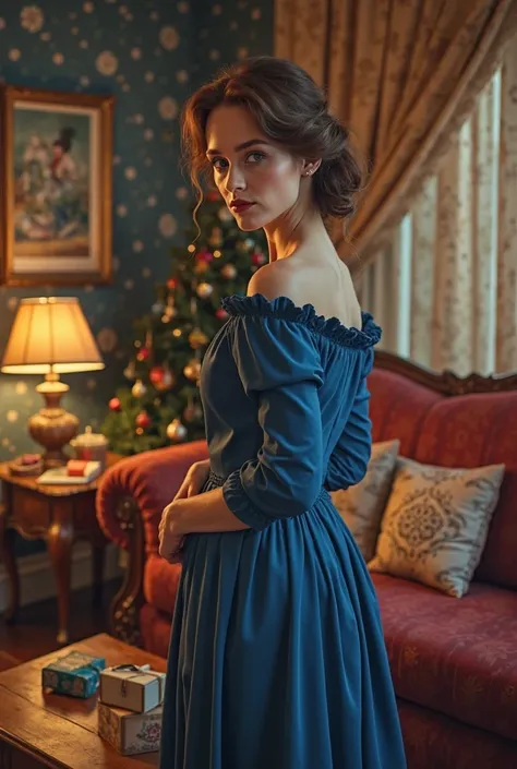 Woman with brown hair nearly 35 years in 19 century in living room in blue dress in the full decorated home for new year , and she’s hiding a shopping box behind her back, and her husband stands next to her,  he only cares about their budget and hopes she ...