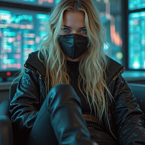 A girl with natural blue eyes and long hair is warm blond, reminiscent of my selfie and looks like me, . Her style is cyberpunk and epic, leather and lace clothes. She wears a minimalist stalker mask on her face. she is sitting on a chair in a leg to foot ...