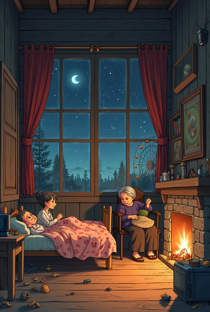 Here's a prompt that may generate an image similar to the one you shared:

*"A cozy night scene Inside an old wooden house, illuminated by the warm glow of a fireplace. Two ren sleep in a bunk bed, wearing traditional pajamas and covered by flowery duvets....