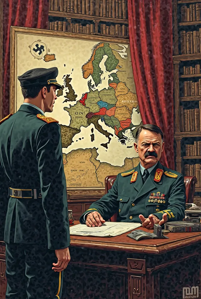 Hitler in his office talking to an officer in comic style