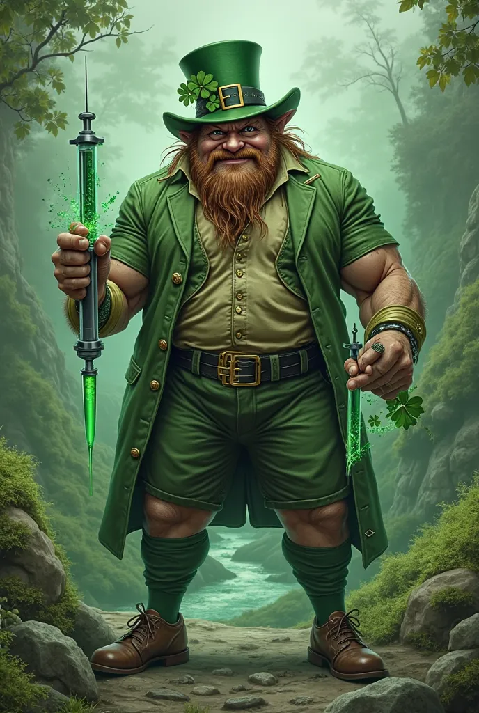 Create a leprechaun that is muscular with two syringes in his hands