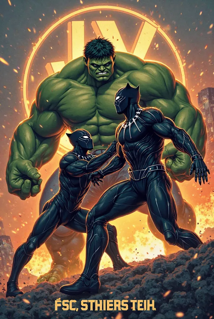 hulk and black panther from Marvel in a logo with the initials J&V in the background, With the inspirational phrase below in Spanish 