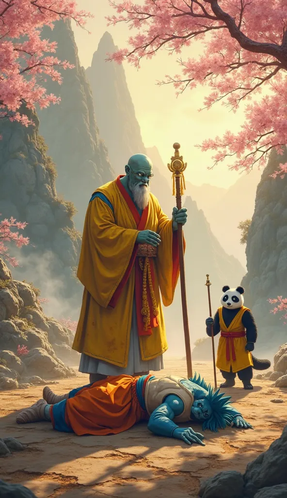 In a serene, misty valley surrounded by towering mountains and cherry blossom trees, Master Oogway, the ancient and wise tortoise, stands victorious. He is dressed in his iconic yellow and red robes, holding his wooden staff with a calm and serene expressi...