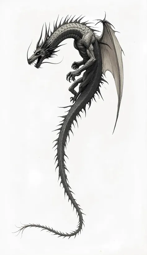 a classic dragon falling vertically, with a completely straight body seen from the side. Must be muscular , with pointed scales along the column, large horns on the head and well-defined claws. Its wings must be attached to the body by the wind, and its ta...