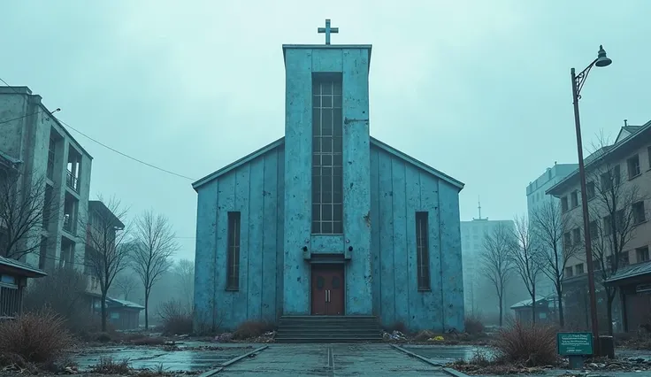 abandoned Blue Springs Assembly, abandoned church building, outside view, modern church, modern architecture church, square tower with cross, in the city