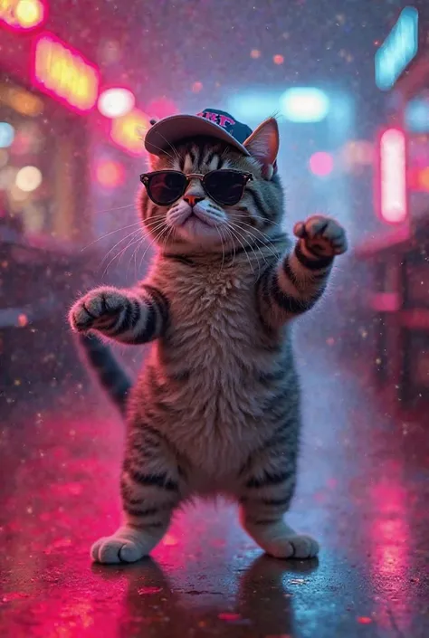 "A cool and stylish cat dancing to a trending TikTok song. The cat moves smoothly, following the latest dance trends like body rolls, hand waves, and foot shuffles. It wears stylish accessories like sunglasses or a cap for extra swag. The background change...