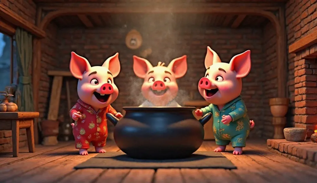 "Inside a warm and sturdy brick house, three little pigs, dressed in colorful pajamas—one in red, one in blue, and one in green—stand around a large black pot of boiling water over the fireplace. They are laughing mischievously, knowing that the Big Bad Wo...