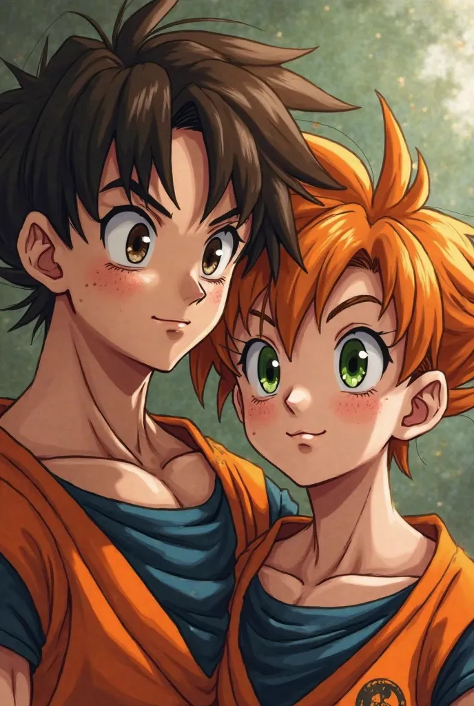 An image inspired by the couple of Goku and Chichi, where the boy has short brown hair, brown eyes and brown beard, with some small freckles on his face, el chico más alto que la chica y Brown Leather y la chica con pelo corto castaño, green eyes and on th...