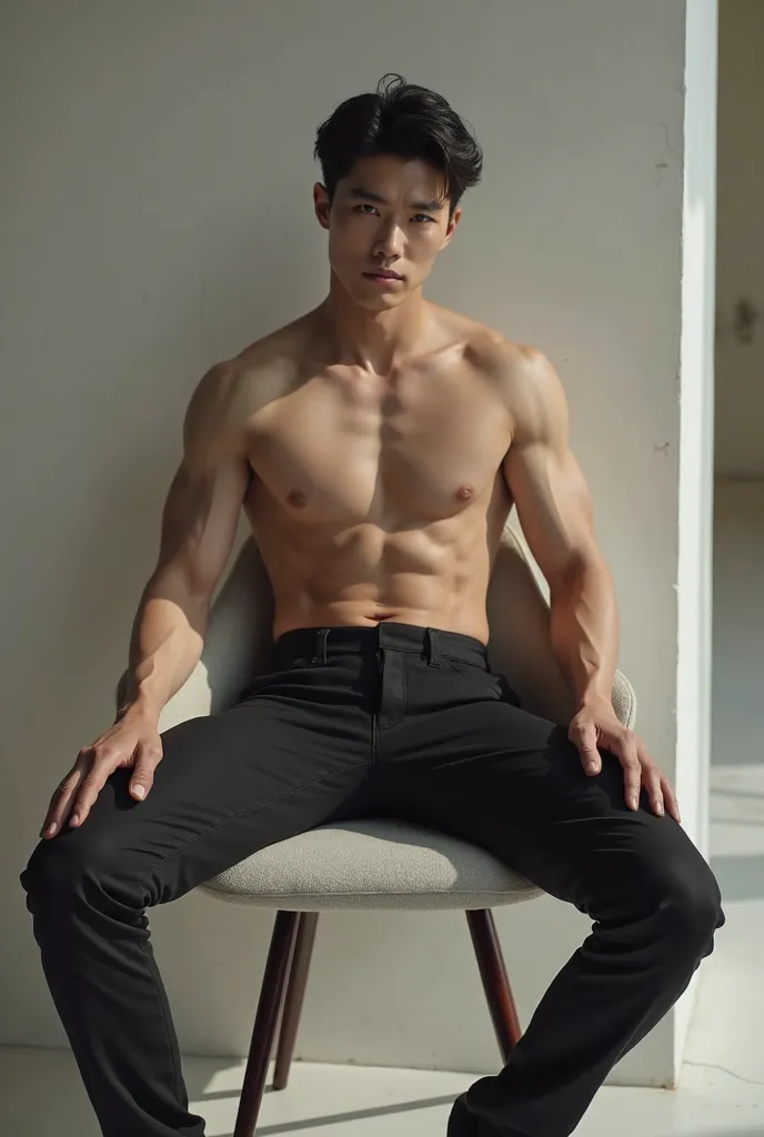 Beautiful Korean man perfect white skin very muscular, sitting in an open-legged chair posing sexy