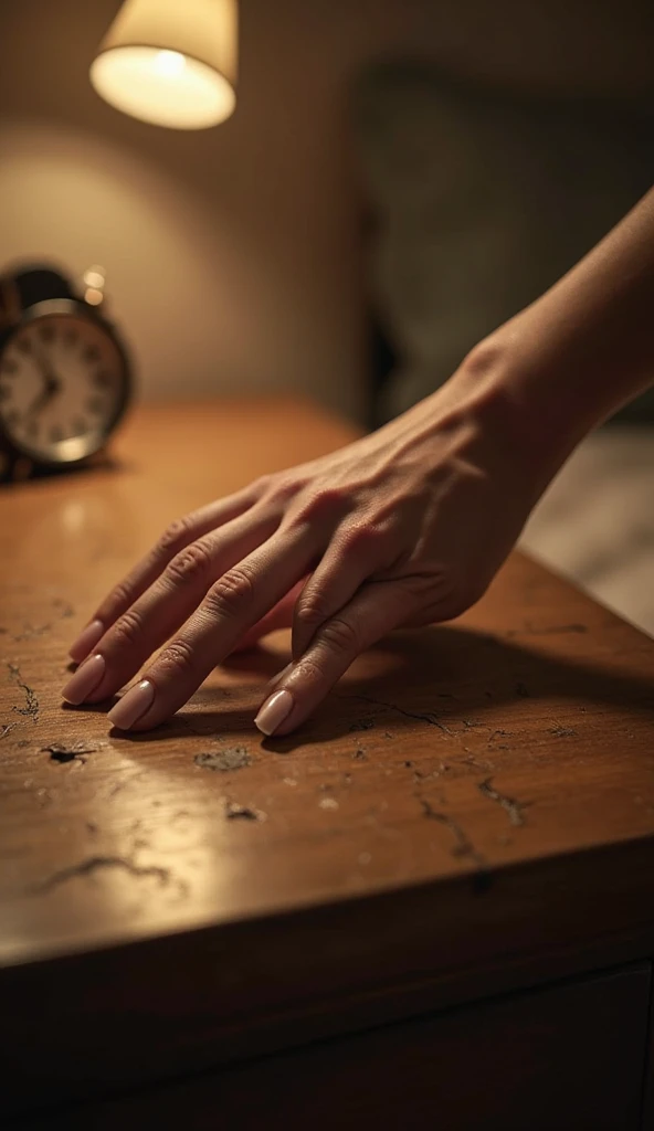 The female hand is digging its nails deeply into the surface of the nightstand, as if it is gripping with intensity, leaving visible marks where the nails passed. The movement is firm and powerful, clearly showing the desire and strength of the moment. The...