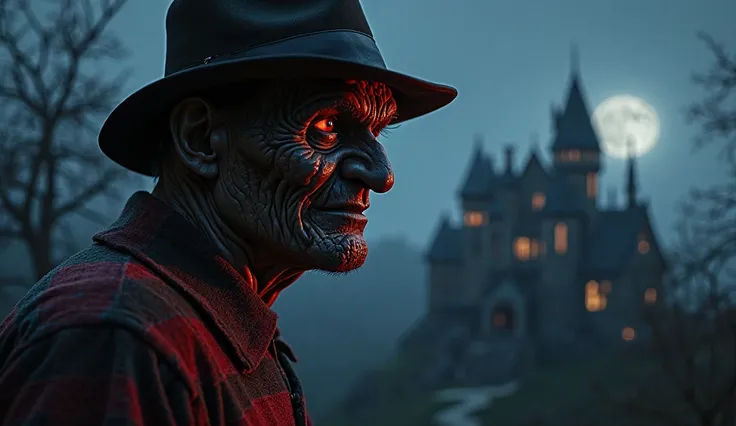 Un captivant portrait de dark fantasy du sinistre Freddy Krueger, rendu dans un style semi-holographique et planant au-dessus d'un château. Le célèbre méchant est méticuleusement détaillé, avec un sourire menaçant et des yeux sinistres qui exhalent la terr...