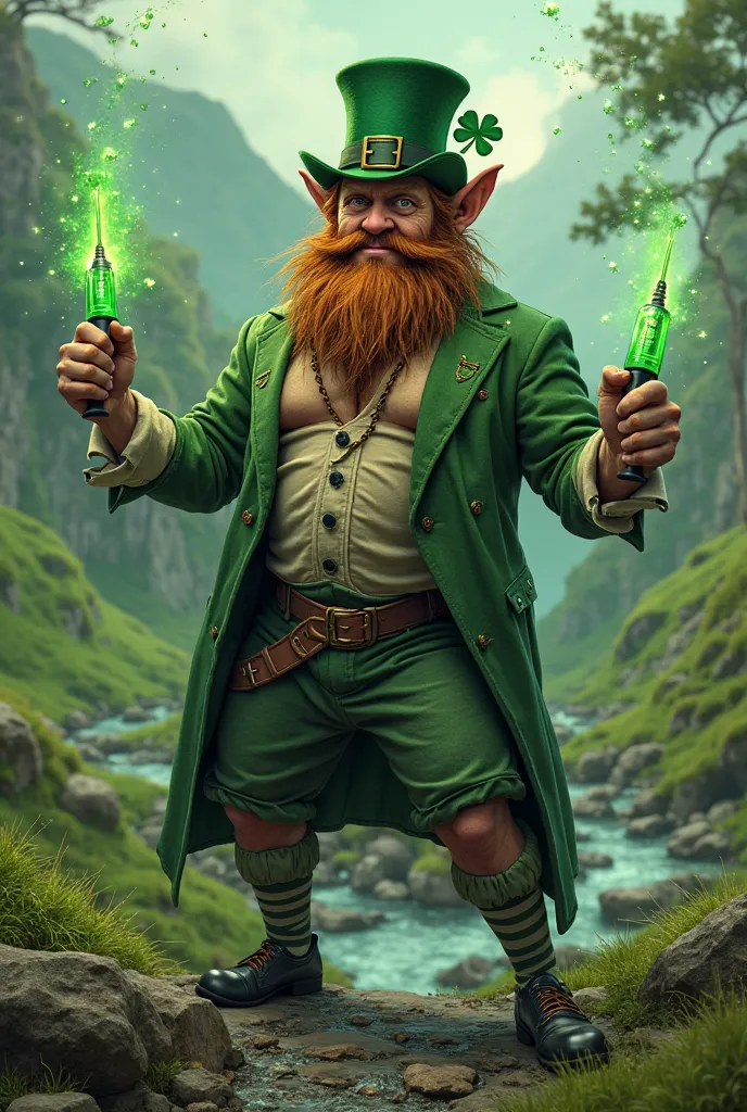 Create a leprechaun that is muscular with two syringes in his hands