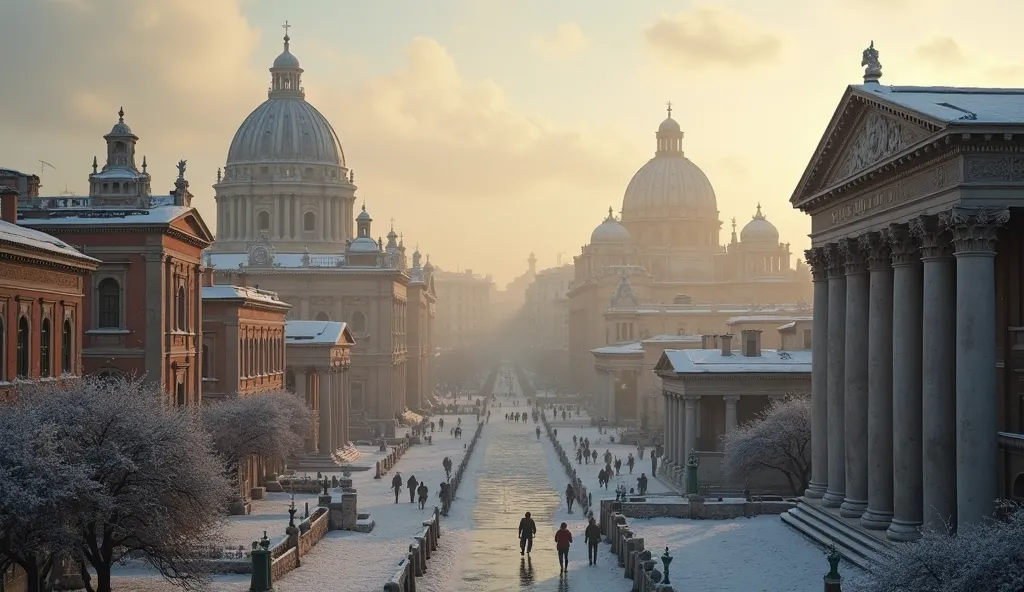 A cinematic photo shows the golden age of the Roman buildings in the winter,
show a city full of tons of old Roman buildings in the winter, zoomed out frame, masterpiece, winter, historical style

