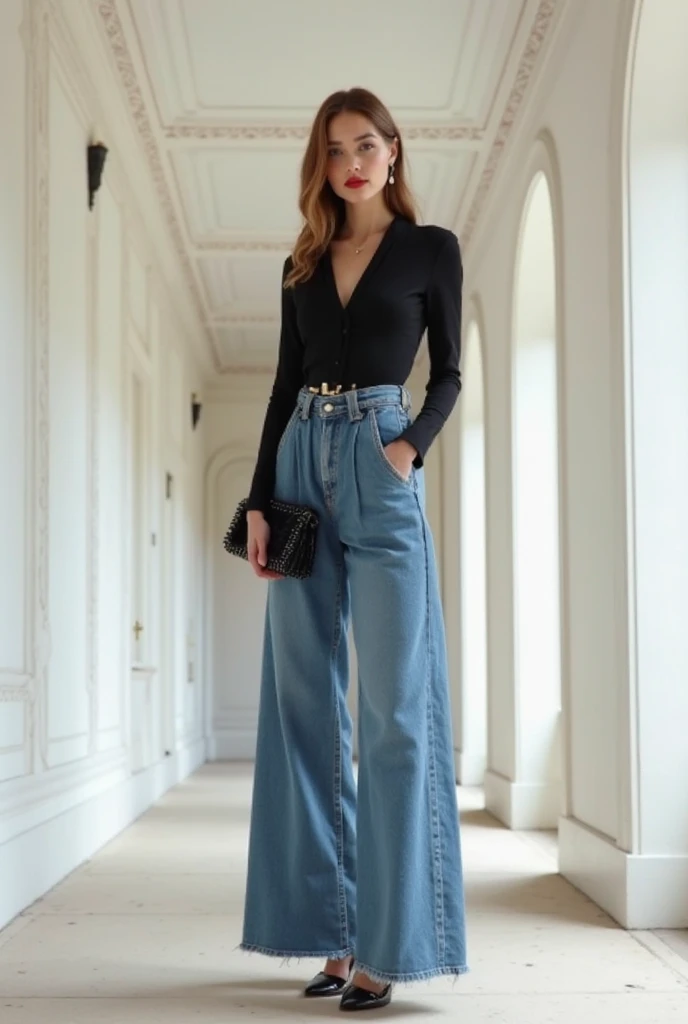 A far full body view of a french model with realistic bright glossy skin with red lipstick on standing in an empty beautiful white mansion wearing a black long-sleeved blouse with a floor length denim pallazo baggy trouser and cover toe transparent 6inches...