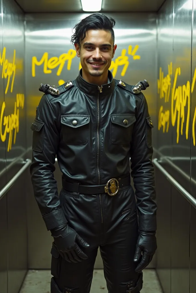 n 18 year old very handsome cropped black haired tanned skinned Roma Gypsy man wearing a black latex boiler suit with studded shoulder and knee pads, black leather gloves, he is smiling and standing in a silver elevator with the words 'MegaGypz!' in yellow...