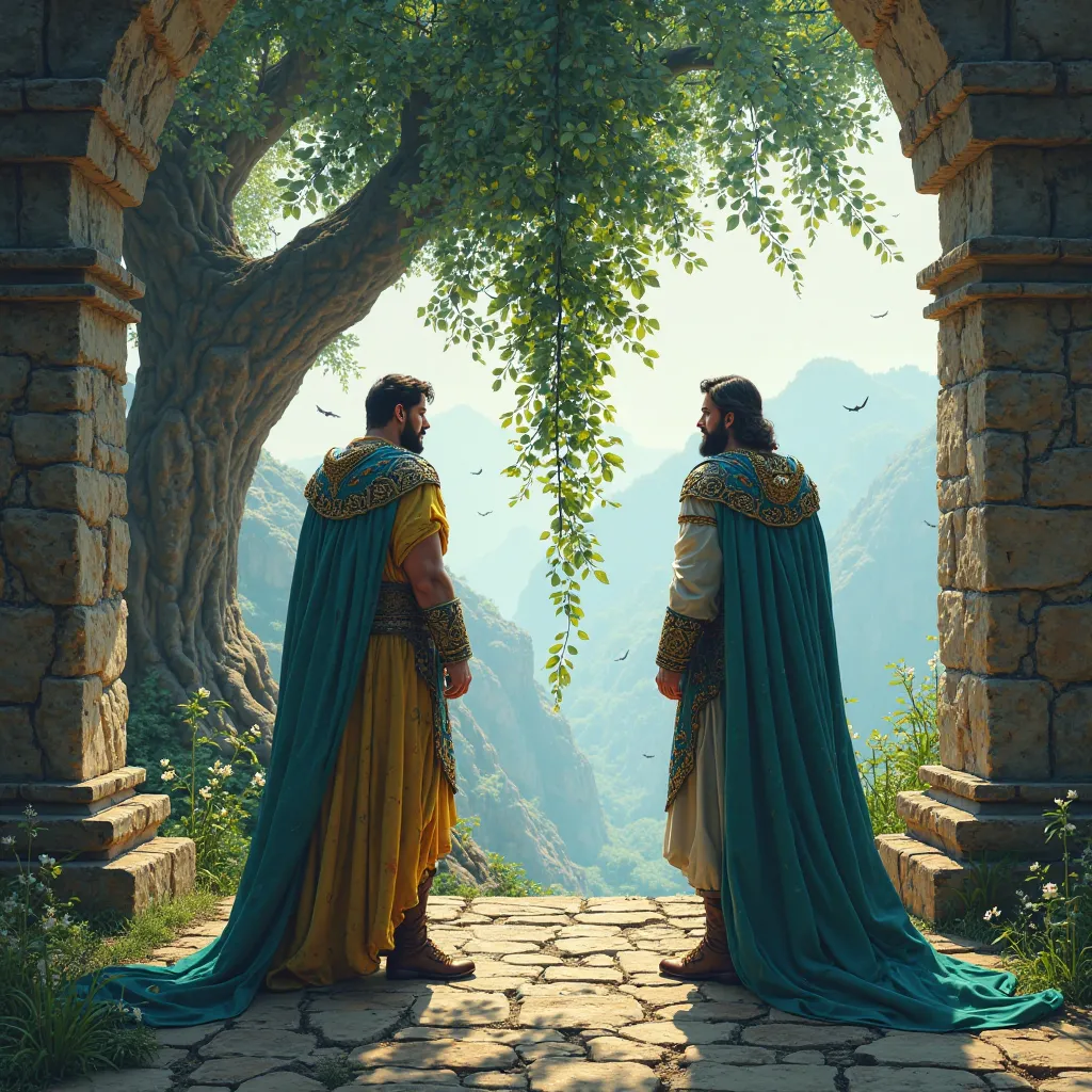 Create an image of King Sargon (43 years old) and his brother Christian (38 years old) with their backs to us standing in a castle and looking at a turquoise-colored flowering vine that goes between them from the ground to above attached to a tree