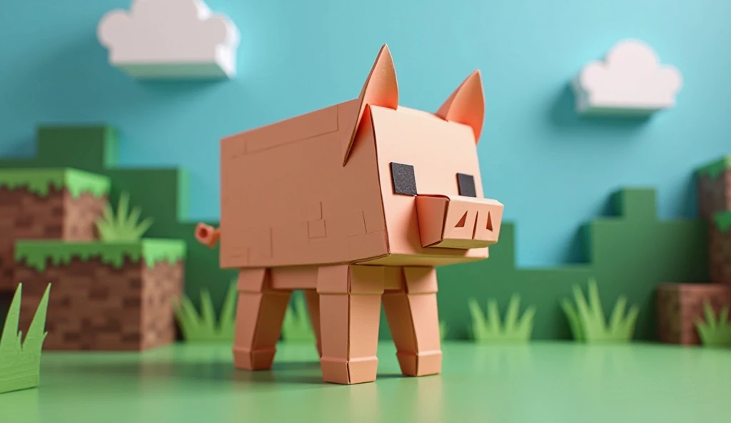 make a picture of a paper pig from minecraft with a row of text How to make a paper pig in the style of minecraft next to the pig and a background in the style of minecraft