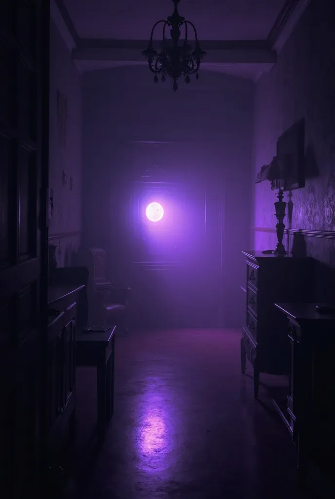 A dark room where only the purple color that comes from the safe is burning