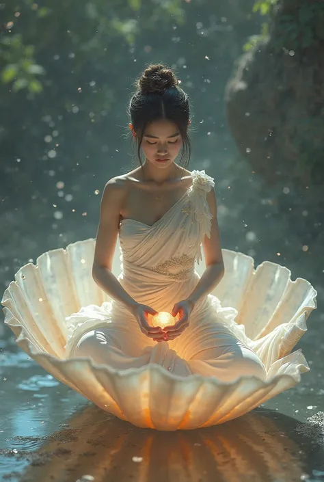 Create an image of the ancient Thai dress with a thin white chest armour sitting on a pearl shell with two hands holding a pearl on the left hand, one hand holding the right hand.
