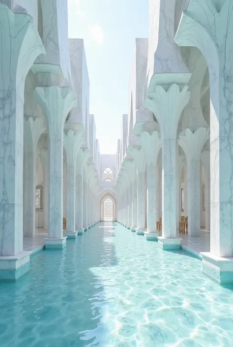 "A majestic palace constructed of pure white marble, adorned with delicate light blue lines tracing its architecture. The palace is situated on a small island, completely surrounded by a serene, turquoise sea. Capture the sunlight reflecting off the marble...