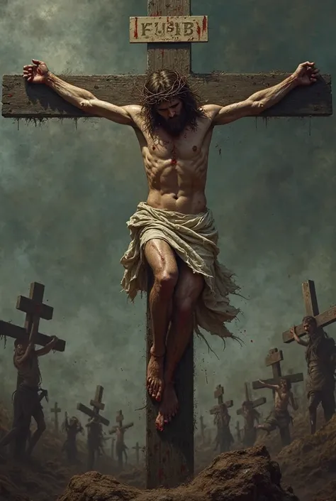 Crucified Jesus looking into the camera lens 