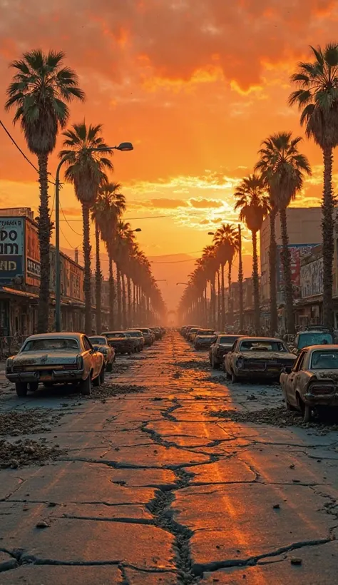 A devastated urban street in a post-apocalyptic setting at dusk.  The sky has an intense orange hue , creating a dramatic atmosphere. the city, which is similar to Los Angeles, is in ruins, with abandoned and wrecked cars scattered across cracked asphalt. ...