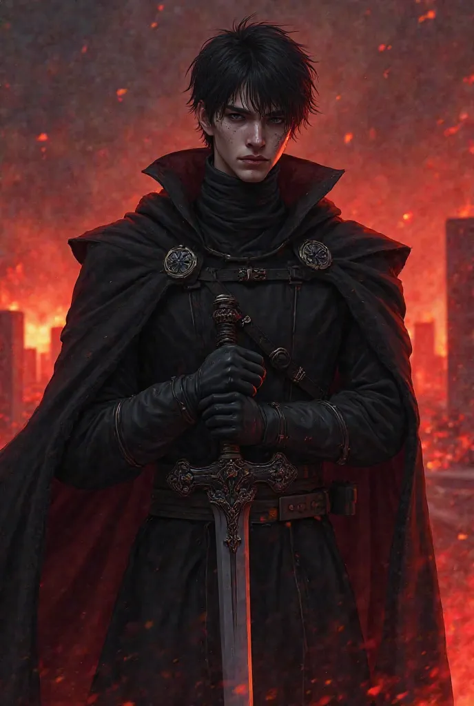 Looks good with dark hair and black eyes, black gloves, About the age of a man in his 40s in a black cloak, feeling a dark red aura, holding a sword, holding it in his right hand,  Standing in front of a burning city, no vitality in the eyes, scarring on t...