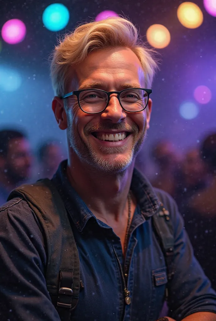 DJ, with glasses,  blond short hair, he is 40 years old,  he is smiling, You see it from the front, He is standing in front of the DJ desk