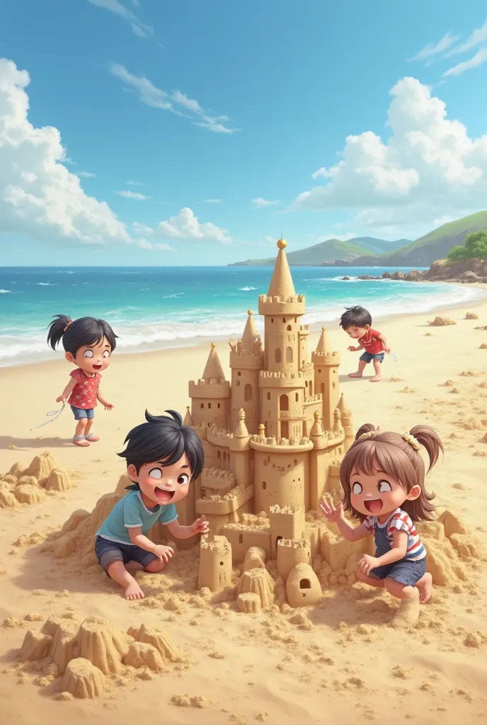 Realistic s playing sandcastle-making on the beach , Making Huge Castles 