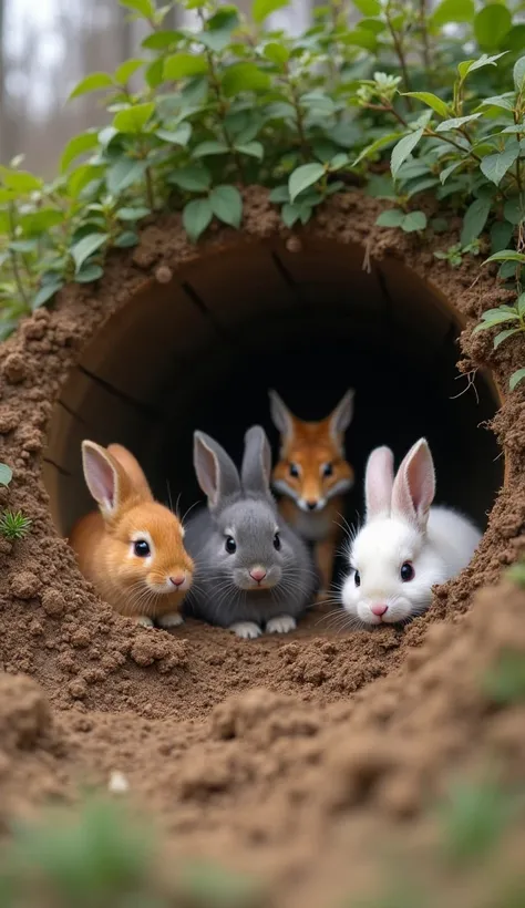 Several rabbits of different colors (brown, gray,  White ) diligently digging a tunnel under the wooden orchard fence. The earth is being removed, and the tunnel is getting bigger and bigger. The fox Lumi, with reddish-orange fur, brown eyes and pointed sn...